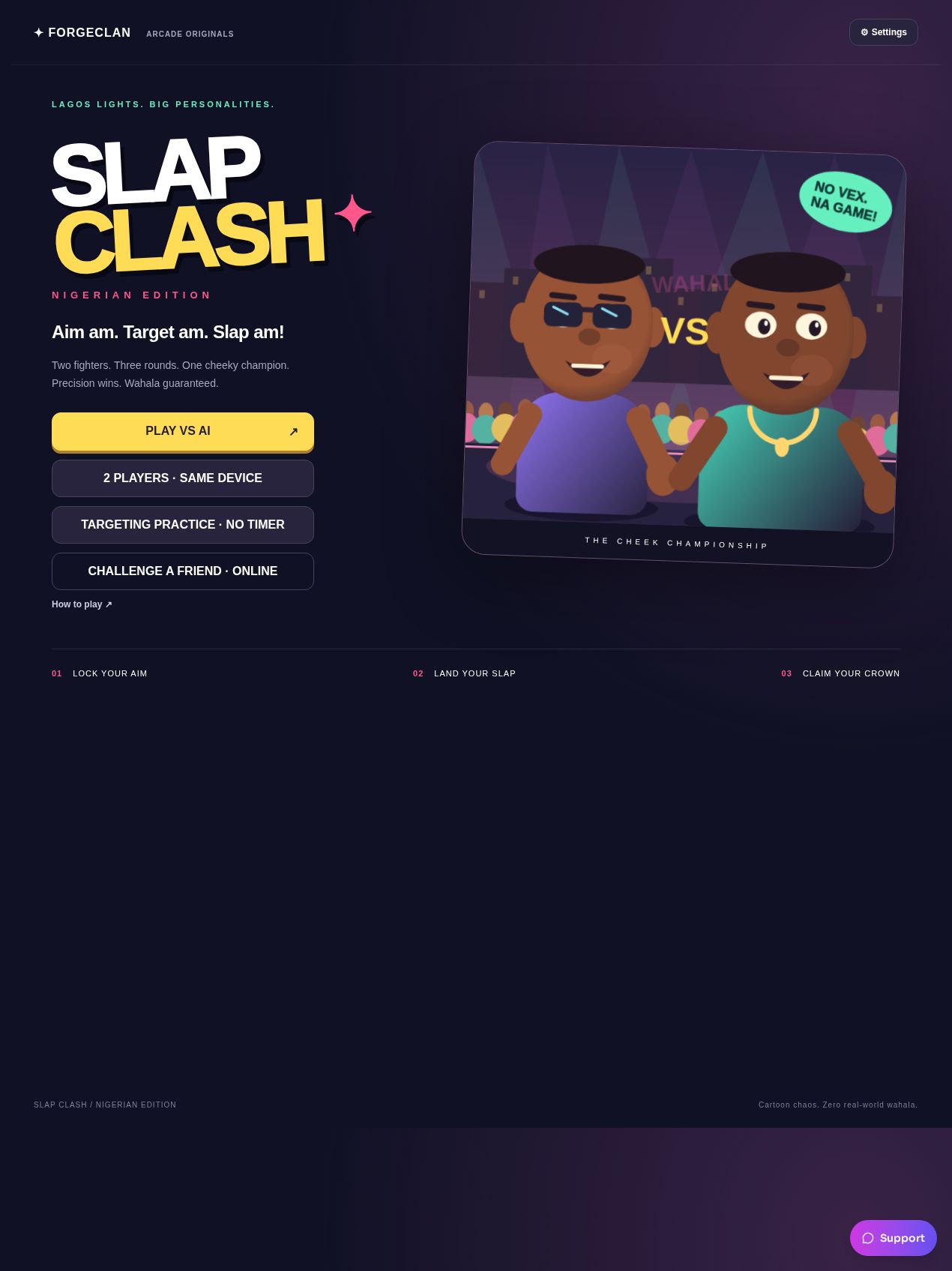 Slap Clash title screen showing Nigerian cartoon fighters and Play vs AI