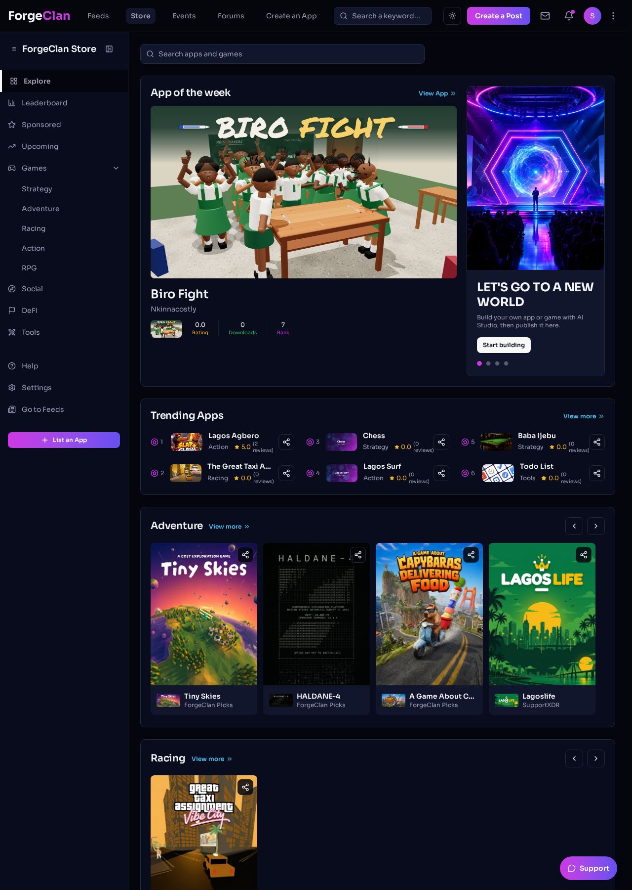 ForgeClan Store showing Biro Fight, trending games and Adventure categories