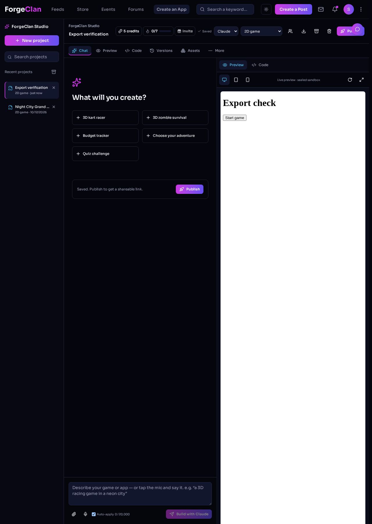 ForgeClan Studio with a saved test project, preview, code and export controls