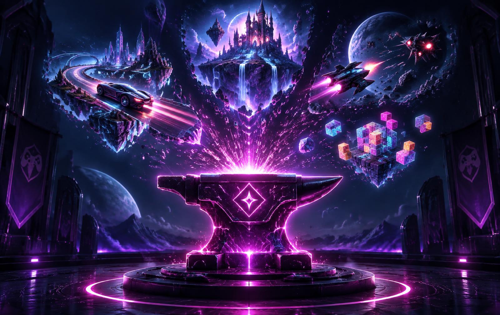 A glowing forge creating racing, fantasy, space and puzzle game worlds